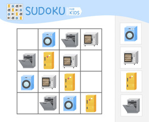 Sudoku game for children with pictures. Kids activity sheet. Vector illustration cartoon household appliances
