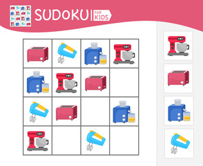 Sudoku game for children with pictures. Kids activity sheet. Vector illustration cartoon household appliances
