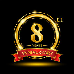 8th Anniversary logo design with golden ring and red ribbon for anniversary celebration event. Logo Vector Template Illustration - obrazy, fototapety, plakaty