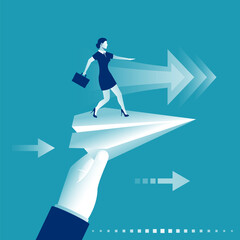 Woman with briefcase standing on paper plane to achieve business goal, concept. Aim in business. Vector illustration flat design. Smart solution to achieve mission. Direction victory. Aiming to target