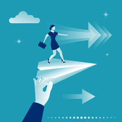 Woman with briefcase standing on paper plane to achieve business goal, concept. Aim in business. Vector illustration flat design. Smart solution to achieve mission. Direction victory. Aiming to target