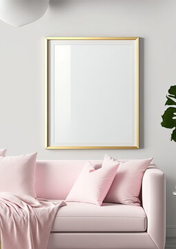 Blank picture frame mockup on pink wall. Generative AI.