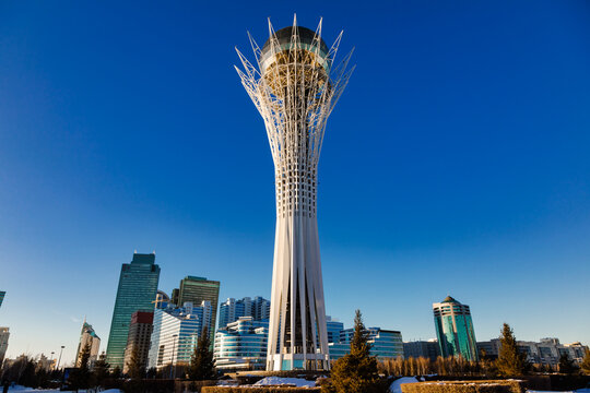 Astana, Kazakhstan - Jan 18, 2023: Baiterek monument and observation tower, one of the most popular tourist attraction in Astana