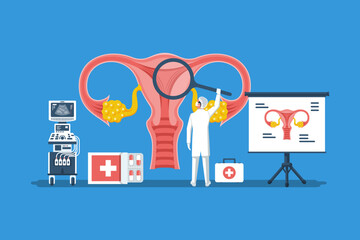Doctor examine uterus with magnifier. Diagnosis female reproductive system. Treatment cervical cancer, cauterize erosion. Female disease. Vector flat design. Gynecology disease prevention.