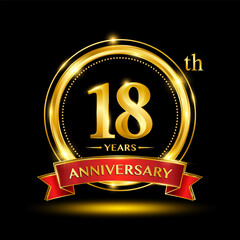 18th Anniversary logo design with golden ring and red ribbon for anniversary celebration event. Logo Vector Template Illustration