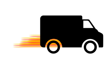 Black delivery truck icon on a white background. Speed truck. Delivery speed. Food delivery, parcel delivery. Transport delivery. Logistics.