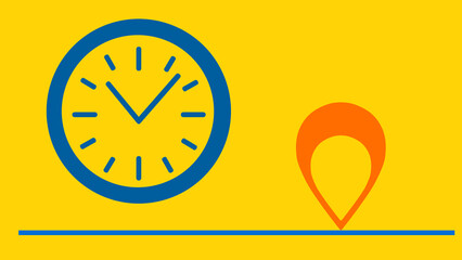 Destination icon. Simple clock icon in blue. Road icon, traffic lanes, time line. Travel time. On a yellow background.