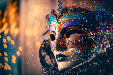 Luxury carnival background with venice mask on mystery person. Abstract blurred background, gold dust, and light effects. Generative Ai