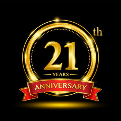 21th Anniversary logo design with golden ring and red ribbon for anniversary celebration event. Logo Vector Template Illustration