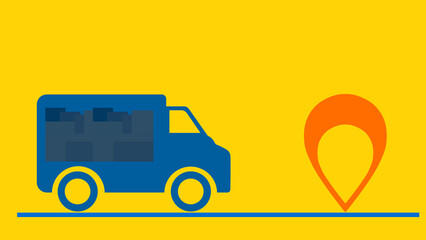 Delivery truck icon with parcels in blue. Moving towards the destination. On a yellow background. destination. Delivery. Road. Logistics. Package