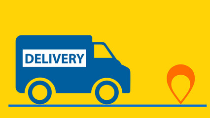 Delivery truck icon with "Delivery" inscription. Moving towards the destination. On a yellow background. destination. Delivery. Road. Logistics. Package