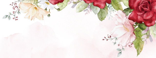 Watercolor art with red roses flower bouquet on pink stain