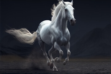 Galloping white horse, in the steppes. White horse run gallop. generative AI
 - obrazy, fototapety, plakaty