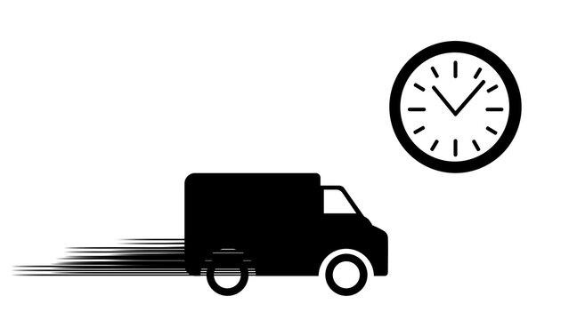 Delivery truck icon. Simple clock icon in black. Designation of the speed of movement, Speed of delivery. Travel time. Rapidity.