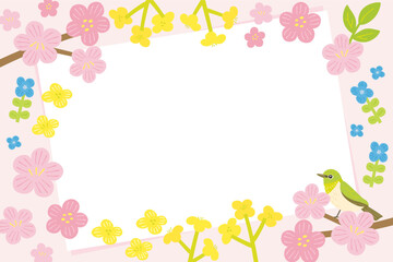 Obraz na płótnie Canvas Spring flowers and bird background frame illustration