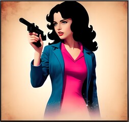 A woman with a gun drawn in the retro science fiction style
