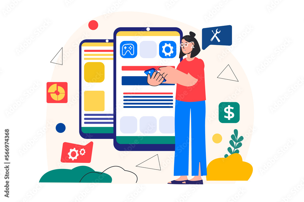 Poster app development concept with people scene in the flat cartoon design. developer controls the setting