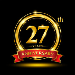 27th Anniversary logo design with golden ring and red ribbon for anniversary celebration event. Logo Vector Template Illustration