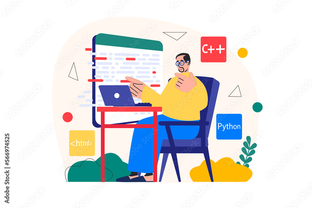 Poster Programmer working concept with people scene in the flat cartoon design. Programmer analyzes the code of the application while sitting at home.