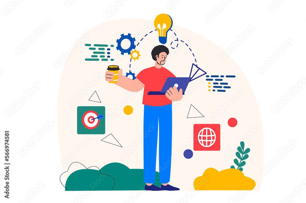 Poster Programmer working concept with people scene in the flat cartoon design. Programmer with a cup of coffee checks the functionality of the written code.