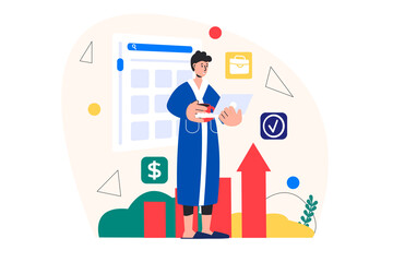 Freelance working concept with people scene in the flat cartoon style. man in a bathrobe works on a laptop.