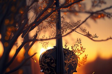 Violin. Sunset. Sunrise. Instrument. Scenery. Illustrator. Generative AI