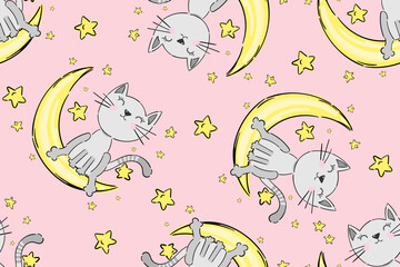 Obraz premium Seamless Pattern Cute girl Cats Sleeping on the moon, Cartoon Animals stars pink Background, Vector Illustration. Good Night Collection