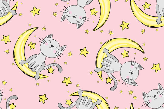 Seamless Pattern Cute girl Cats Sleeping on the moon, Cartoon Animals stars pink Background, Vector Illustration. Good Night Collection