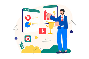 Business award concept with people scene in the flat cartoon style. Businessman won the award thanks to his business plan.