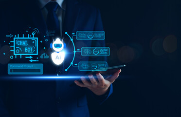 Chatbot concept. open AI, Artificial Intelligence. businessman using technology smart robot AI, enter command prompt, contact for business information analysis, Futuristic technology transformation.