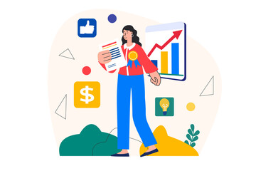 Business award concept with people scene in the flat cartoon design. Manager follows the rapid growth of profits of the business company.