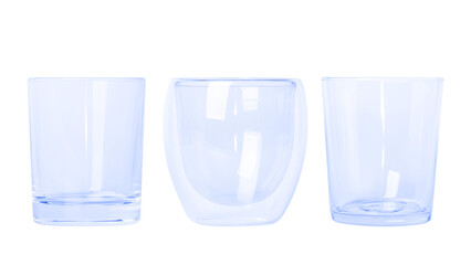 set of blue glass glasses of different sizes Small and large glasses. Empty glass glasses. Without background. PNG