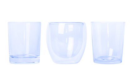 set of blue glass glasses of different sizes Small and large glasses. Empty glass glasses. Without background. PNG