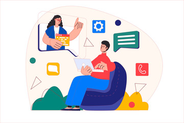 Concept Teamwork with people scene in the flat cartoon design. Man asks a more experienced employee for advice on some tasks.