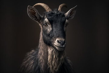 Fototapeta premium Goat portrait closeup view. Animal husbandry. Confident purposeful Goat looking away. Farmland animal. generative AI