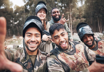 Fototapeta na wymiar Paintball, selfie and portrait of friends relax after military, training and extreme sports, fun and happy in forest. Face, diversity and army people smile for picture after game and target practice