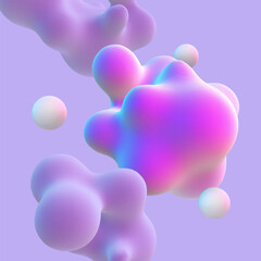 3D abstract nanoparticles on purple background. Concept of nanotechnology and nanomedicine: floating morphing particles, molecular structures or molecular cells. Fluid bubble shapes in motion, vector. - 566975341