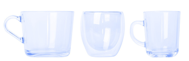 set of blue glass mugs in different sizes Small and large mugs. Empty glass mugs. PNG. Without...