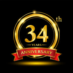 34th Anniversary logo design with golden ring and red ribbon for anniversary celebration event. Logo Vector Template Illustration