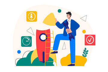 Concept Business startup with people scene in the flat cartoon design. Man puts the finishing touches on the project before it start.