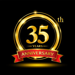 35th Anniversary logo design with golden ring and red ribbon for anniversary celebration event. Logo Vector Template Illustration