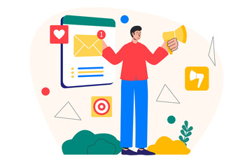 Email marketing concept with people scene in the flat cartoon style. Employee promotes the product by sending a description of it in e-mail.