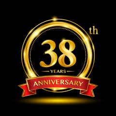 38th Anniversary logo design with golden ring and red ribbon for anniversary celebration event. Logo Vector Template Illustration