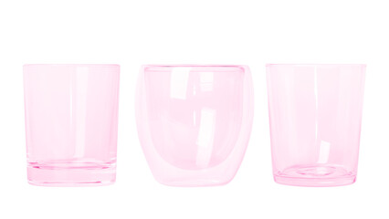 a set of pink glass glasses of different sizes Small and large glasses. Empty glass glasses....