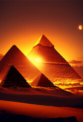 Sunset over the Pyramids of Giza. AI generated.