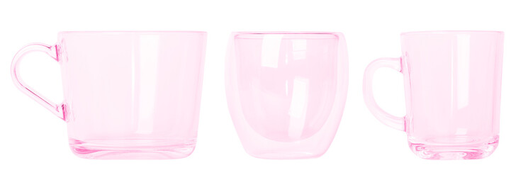 set of pink glass mugs in different sizes Small and large mugs. Empty glass mugs. PNG. Without background