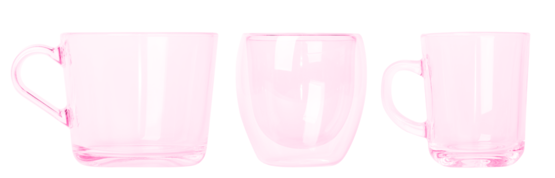 set of pink glass mugs in different sizes Small and large mugs. Empty glass mugs. PNG. Without background