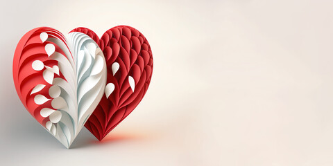 Two paper cut hearts red and white on cream texture background. Quilling art style. Banner with place for text. Template for Valentines day greeting card. Generative AI.