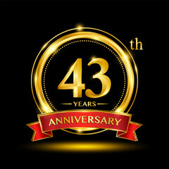 43th Anniversary logo design with golden ring and red ribbon for anniversary celebration event. Logo Vector Template Illustration