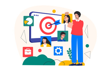 Business target concept with people scene in the flat cartoon design. Businessman explains to the employees where efforts should be directed.